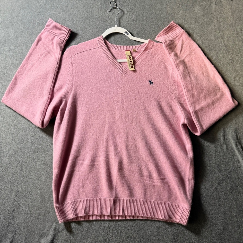 Abercrombie & Fitch Ezra Fitch Pink 100% Cashmere V-Neck Sweater XL Moose Logo